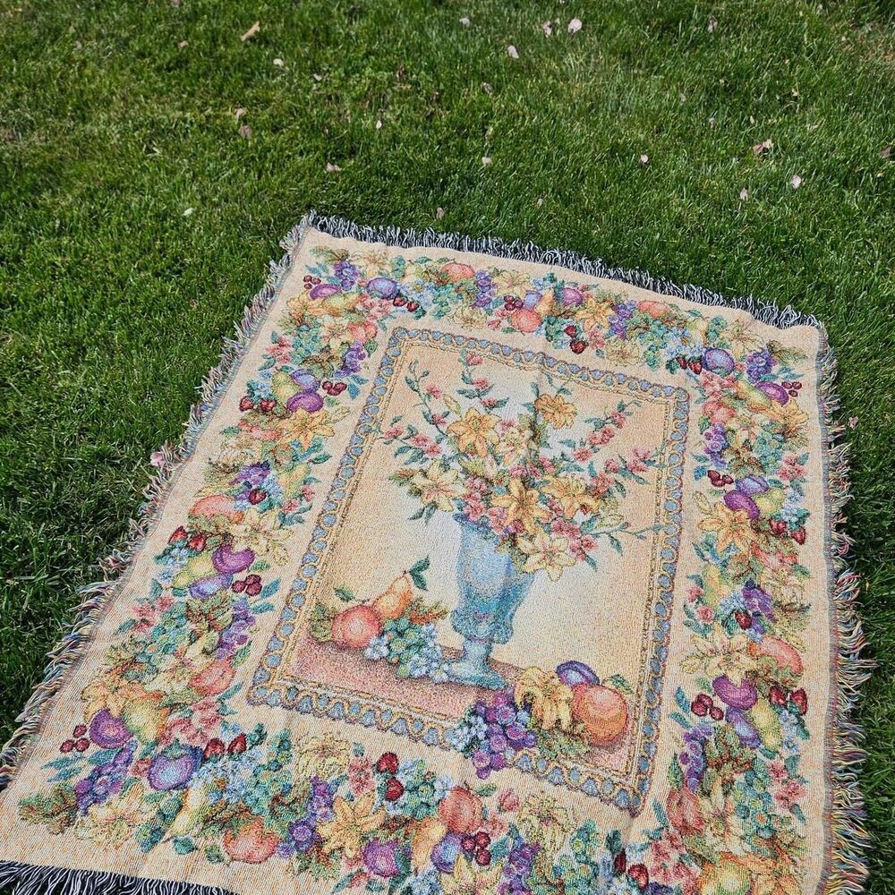 90s boho cottagecore floral fruits colorful tapestry